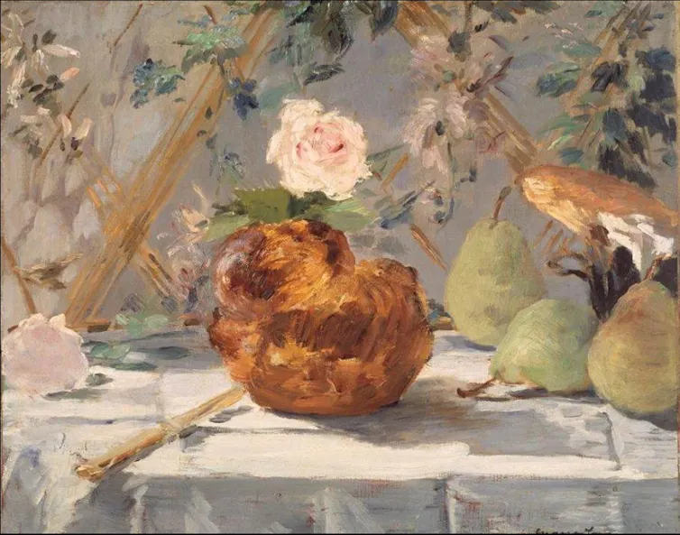Pintura con _brioche_, flores y peras,