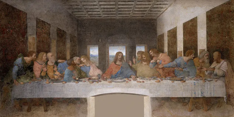 Pintura de una mesa alargada con 12 hombres sentados mirando hacia el pintor.
