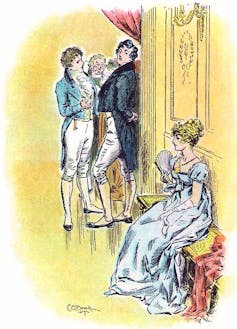 Drawing of two men chatting in the background about a woman sitting in the foreground.