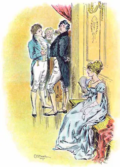 Dibujo de dos hombres charlando, al fondo, sobre una mujer sentada en primer término.