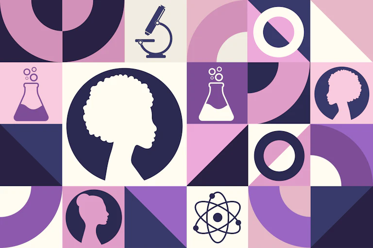 Graphic of science-related items like a microscope and silhouettes of female heads