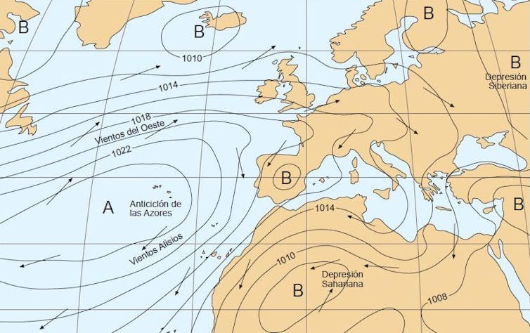 Map showing the Azores High on the Atlantic Ocean.