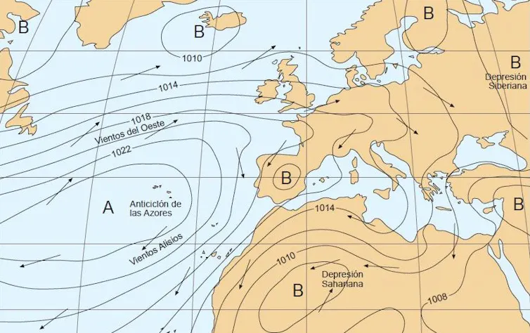 Map showing the Azores High on the Atlantic Ocean.