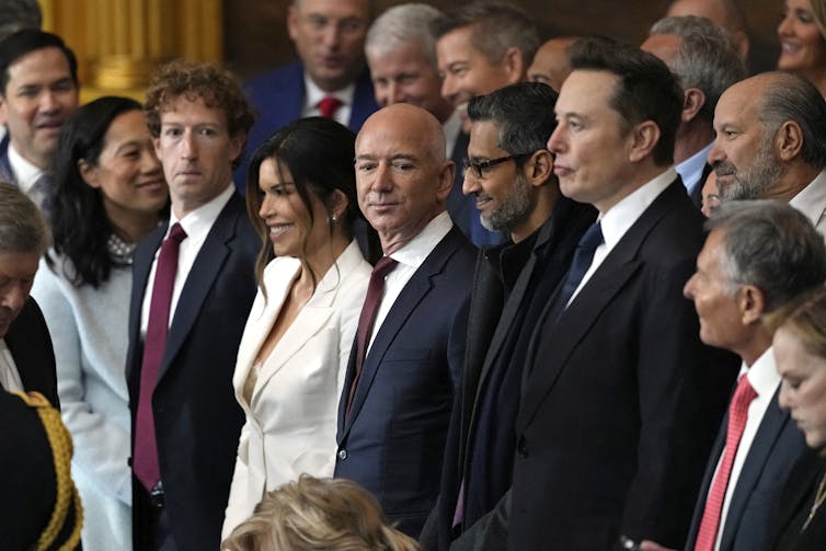 US tech bosses at the inauguration of President Trump: (from left to right) CEO of Meta Mark Zuckerberg, Lauren Sanchez, Amazon founder Jeff Bezos, CEO of Google Sundar Pichai and X CEO Elon Musk.