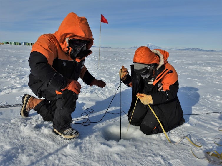 Two people dropping a tape measure into a hole in the ice in Mcmurdo Sound, Antarctica.