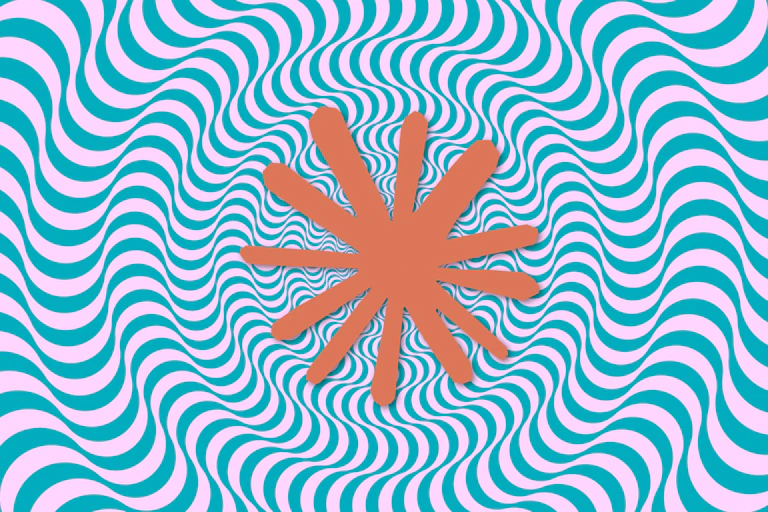 The Claude logo, an orange blob, floating against a blue and pink psychedelic background.