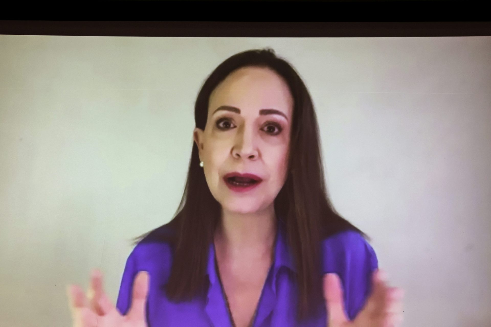 Maria Corina Machado speaks to a conference remotely.