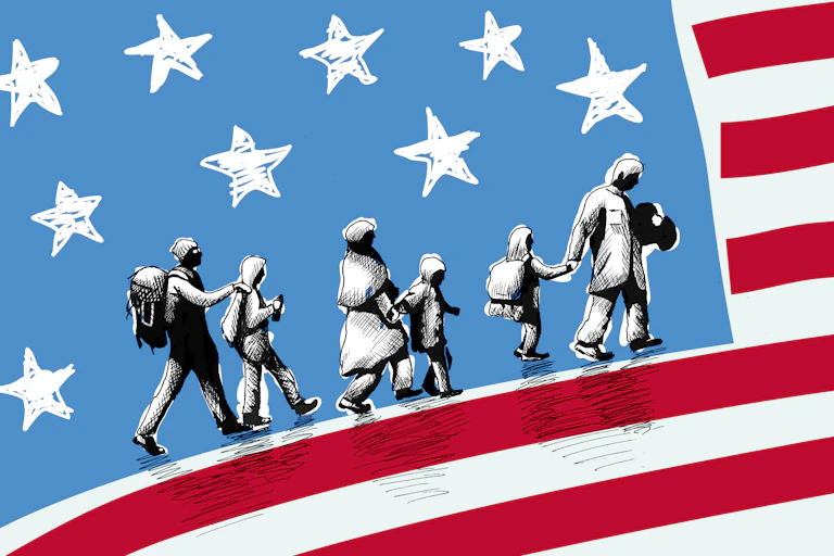 A graphic of people etched in black and white is seen against a blown up cartoon image of an American flag.