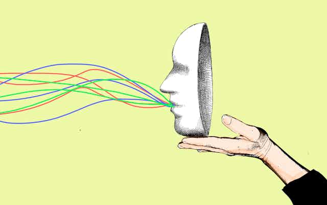 an illustration of a hand holding a face-shaped mask with nine colored horizontal wavy lines emanating from the mask's mouth