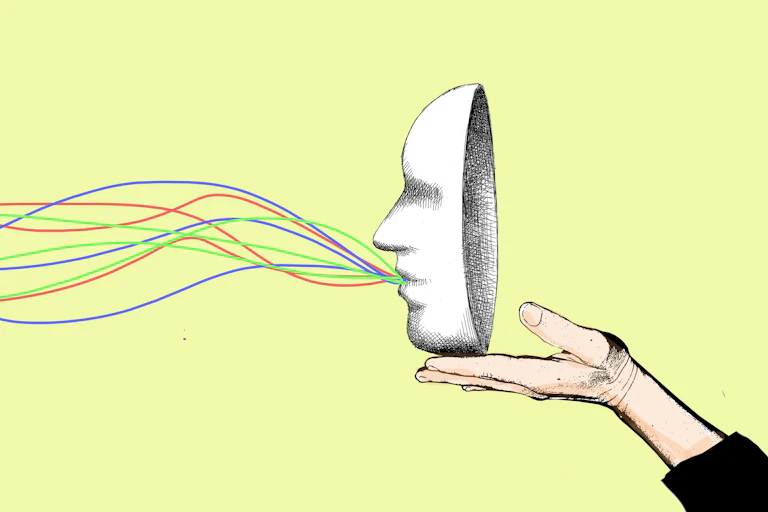 an illustration of a hand holding a face-shaped mask with nine colored horizontal wavy lines emanating from the mask's mouth