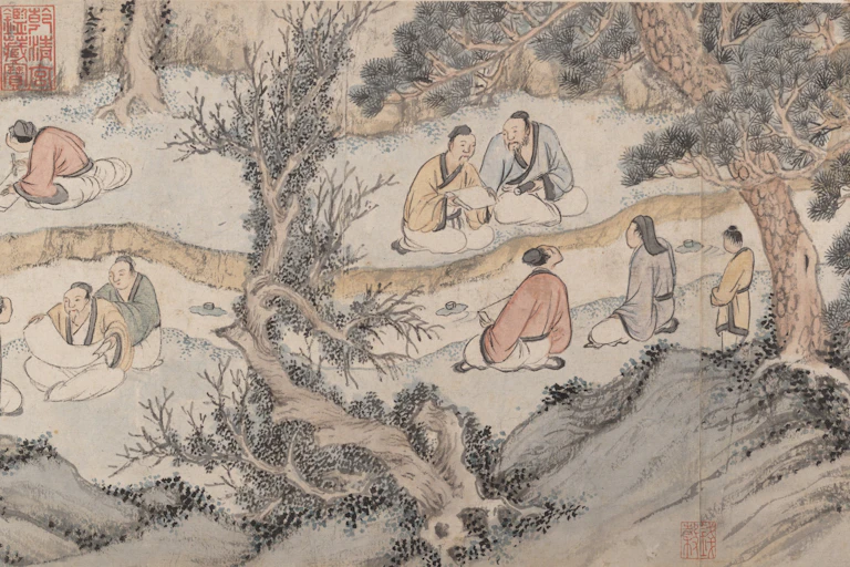 A painting of a nature scene: trees, a river and rocks. On either side of the river bank, about ten men sit and some are holding opened up scrolls of paper