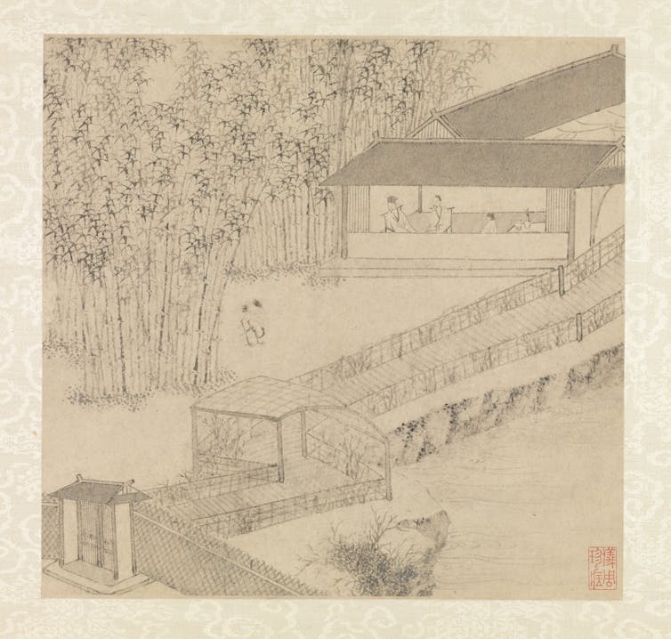 A drawing of a garden, showing blossoms to the left and an outdoor pergola with roof to the right