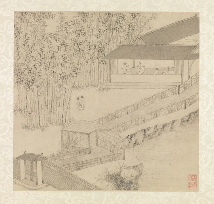 A drawing of a garden, showing blossoms to the left and an outdoor pergola with roof to the right