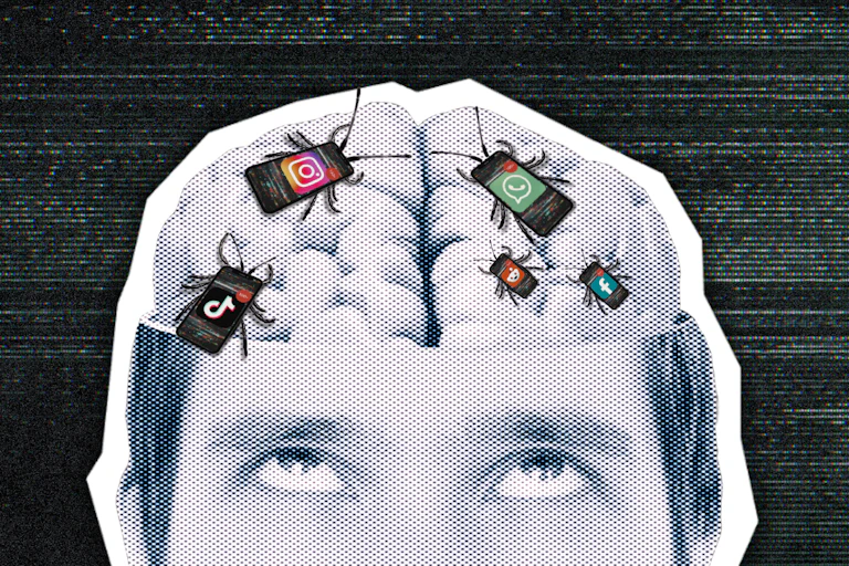 Illustration of a person with bugs crawling on its brain overlaid with small logos of popular phone apps.