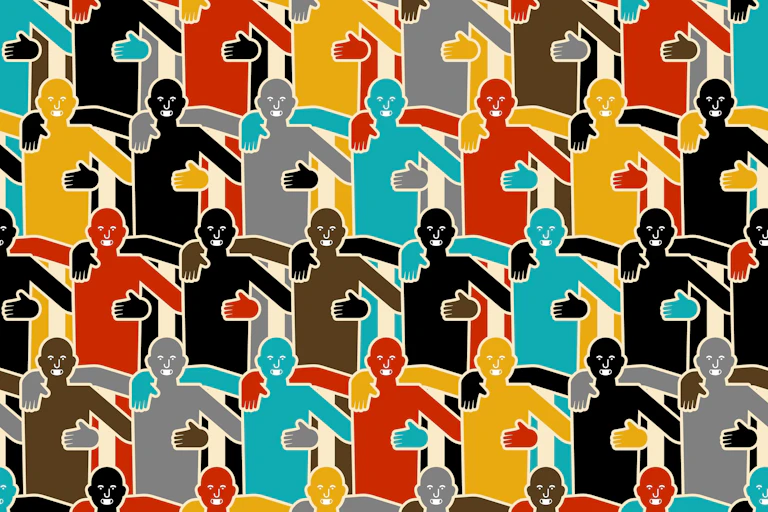 An illustrated pattern of people embracing each other and smiling.