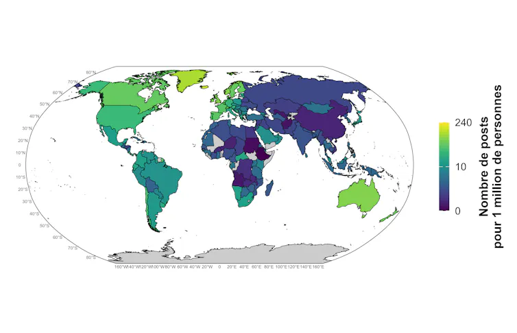 planisphere illustrant la présence de la recherche sur les réseaux sociaux