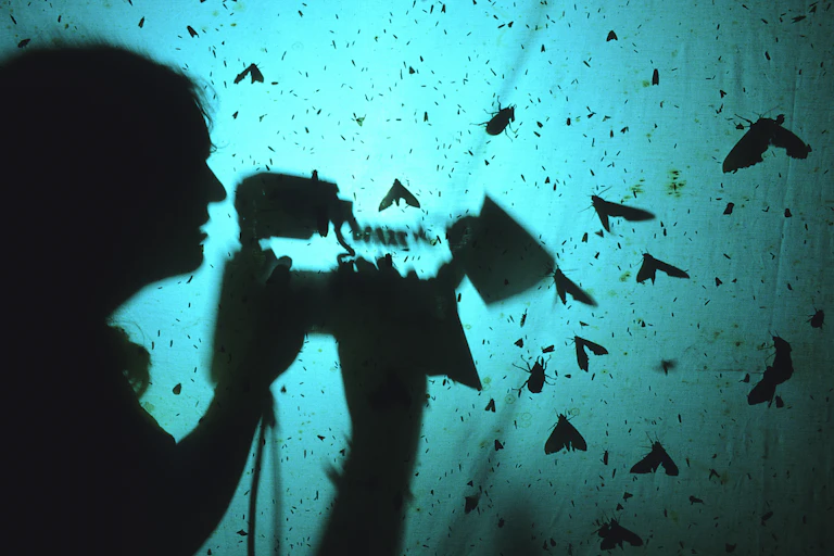 A person with a camera behind a sheet covered in insects is backlit by blue lgiht.