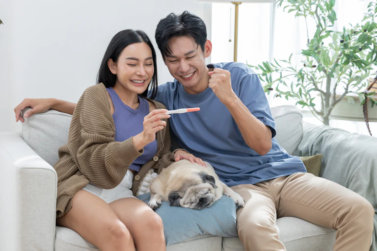 stock photo a happy couple on a couch together smiling as they look at a home pregnancy test