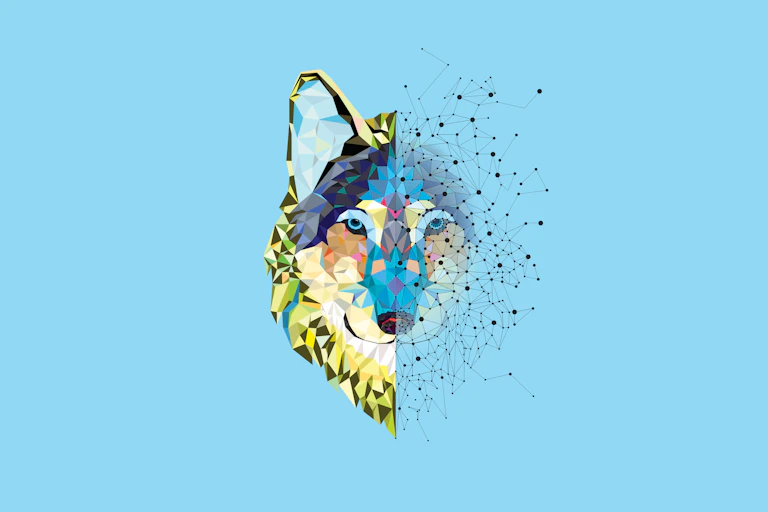 Geometric illustration of wolf, with right side of head fading into a network of lines and nodes