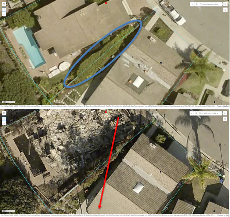 Two images show neighboring houses before and after the Palisades Fire. One house burned, the other, separated by a large green hedge next to both houses, is undamaged. The hedge is still green next to the unburned house.