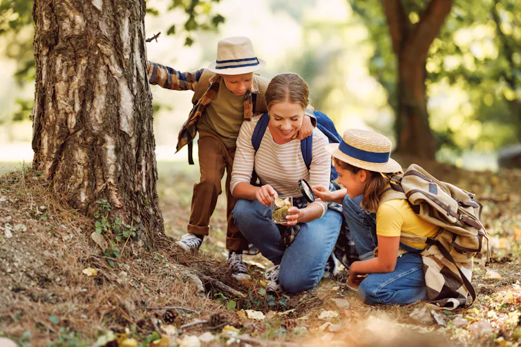 A woman and two young kids inspect some foliage while on a hike in a forest