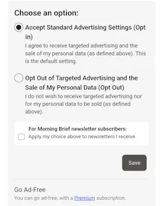Screenshot from an android phone with the default opt-in selection radio button filled in