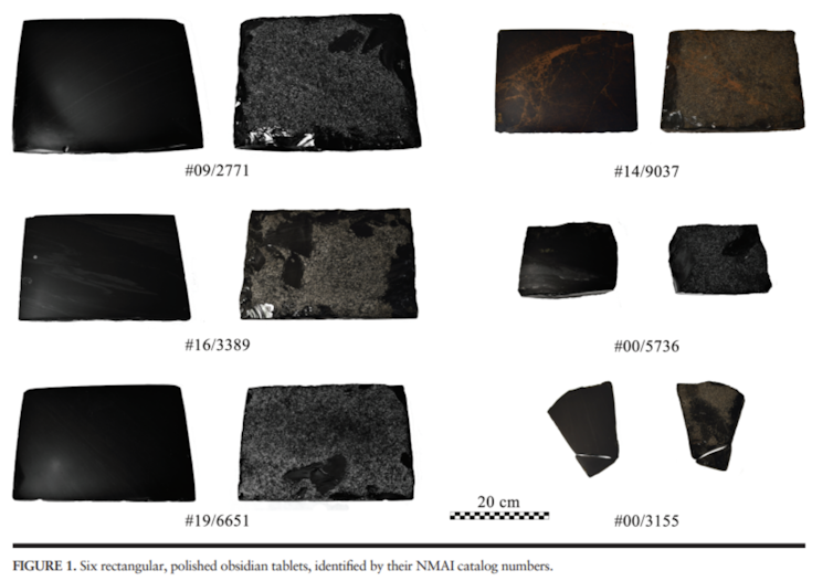 A diagram showing six obsidian tablets, and shards of them as they appear in museum samples