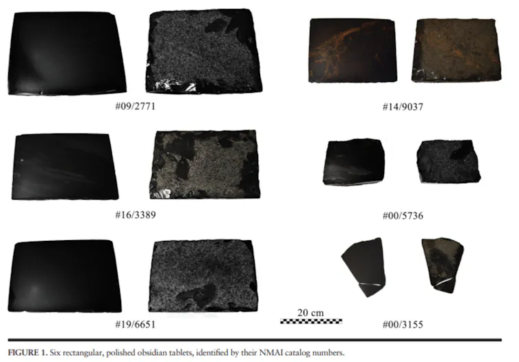 A diagram showing six obsidian tablets, and shards of them as they appear in museum samples