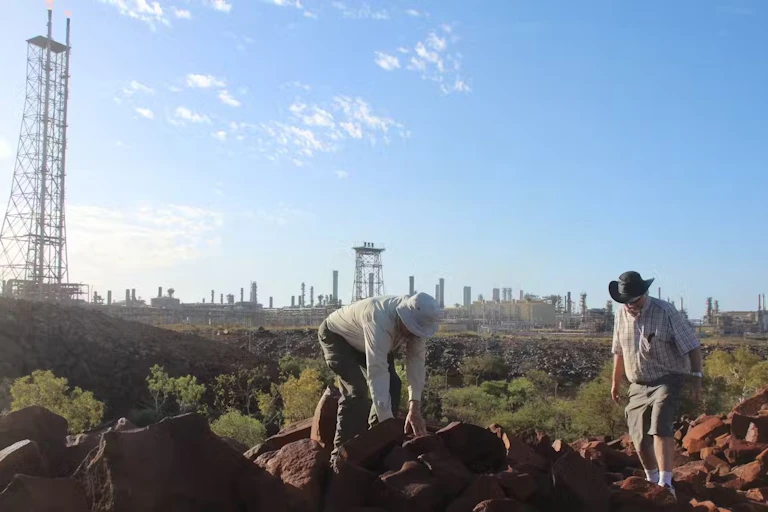 Two scientists looking for evidence of damage by industrial pollution on rocks