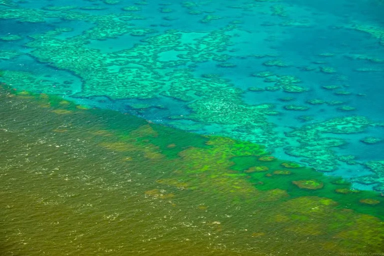 A flood plume in blue-green sea.