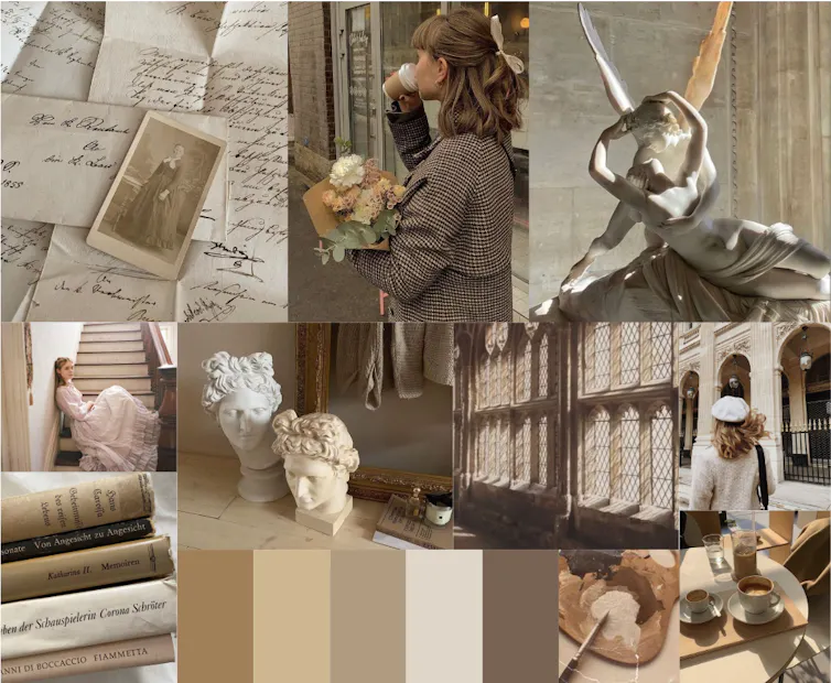 Collage de un conjunto de imágenes asociadas a la estética _Light Academia_.