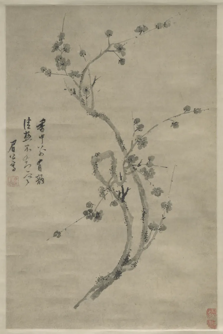 A close up black and white ink drawing of a plum blossom branch on a scroll. Three lines of calligraphy on the right side.