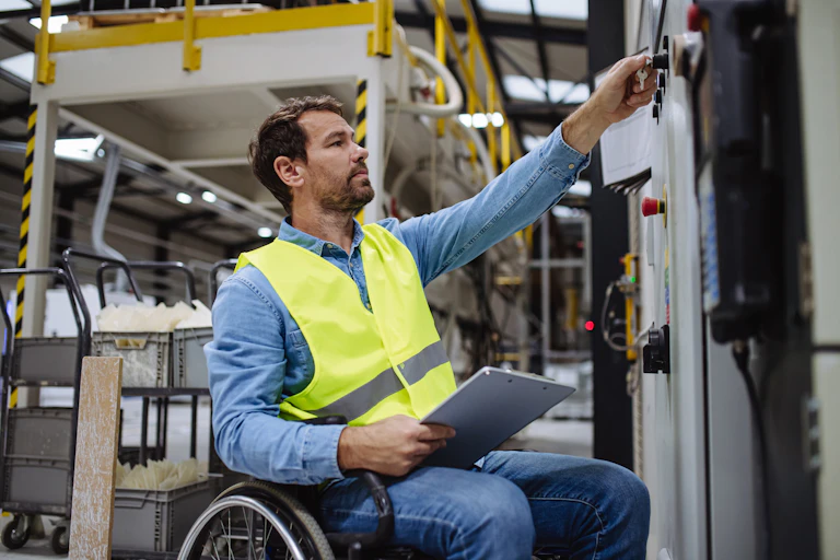 Un homme en fauteuil roulant tient un calepin et actionne une machine.