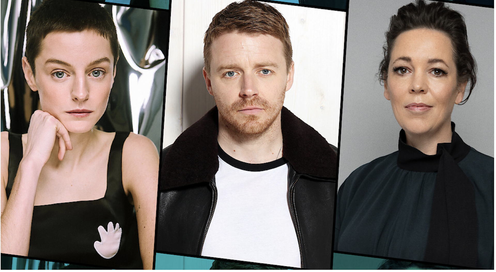 Headshots of three actors: Emma Corrin, Jack Lowden and Olivia Colman.