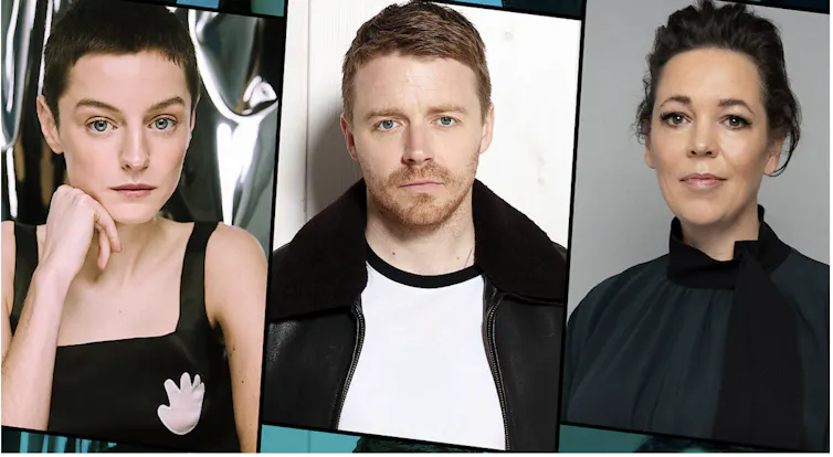 Headshots of three actors: Emma Corrin, Jack Lowden and Olivia Colman.