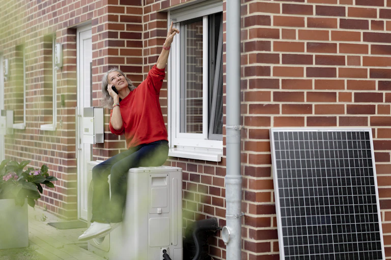 A woman sitting on a heatpump outside a red brick home points toward the roof while talking on a mobile phone, with solar panel to the right.