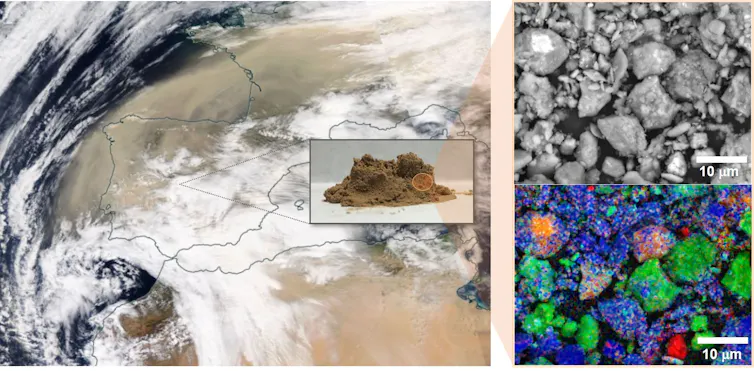 Tres imágenes, una de satélite y dos de una muestra de polvo donde aparecen distintos minerales con diferentes colores