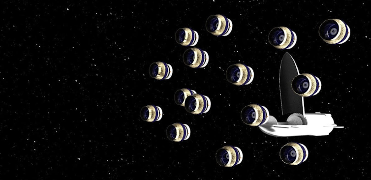 A number of spherical telescopes next to a spaceship.