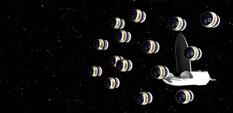 A number of spherical telescopes next to a spaceship.