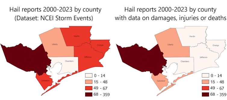 Two maps of the counties that are home to Houston and Galveston, along with five counties to their East, show major differences in storm damage reporting.