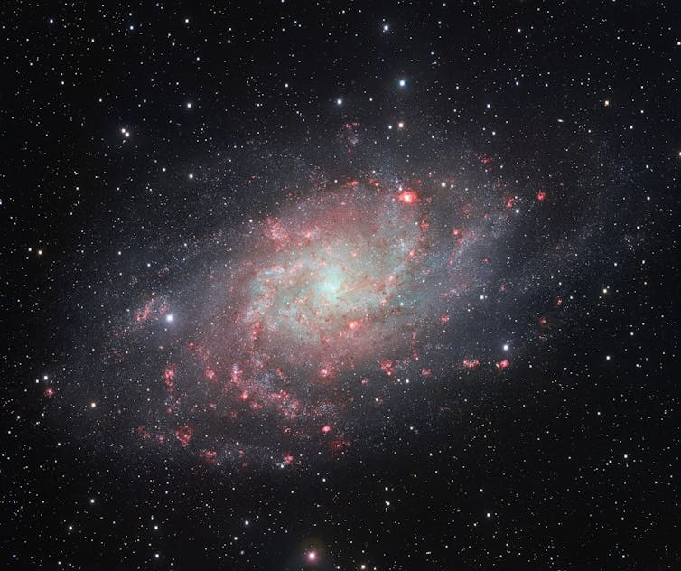 A detailed photo of a white-and-pink pinwheel-shaped galaxy.