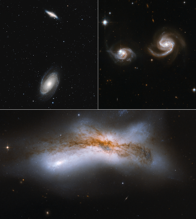Three images of pairs of galaxies in increasingly close proximity.