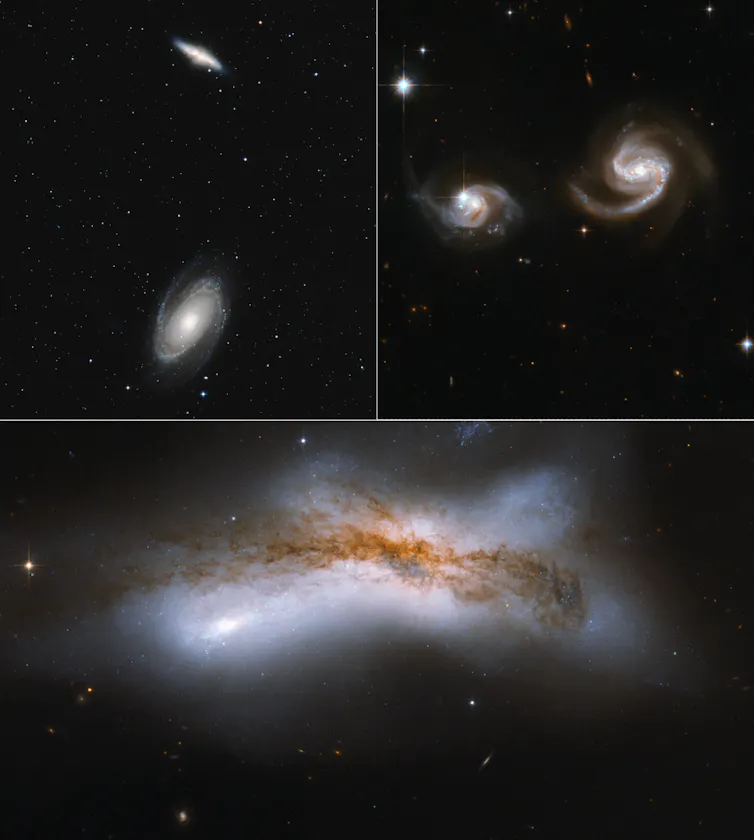 Three images of pairs of galaxies in increasingly close proximity.
