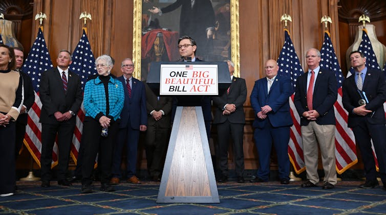 Speaker of the House Mike Johnson speaking during a press conference.