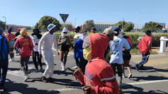 A group of students in the street protesting