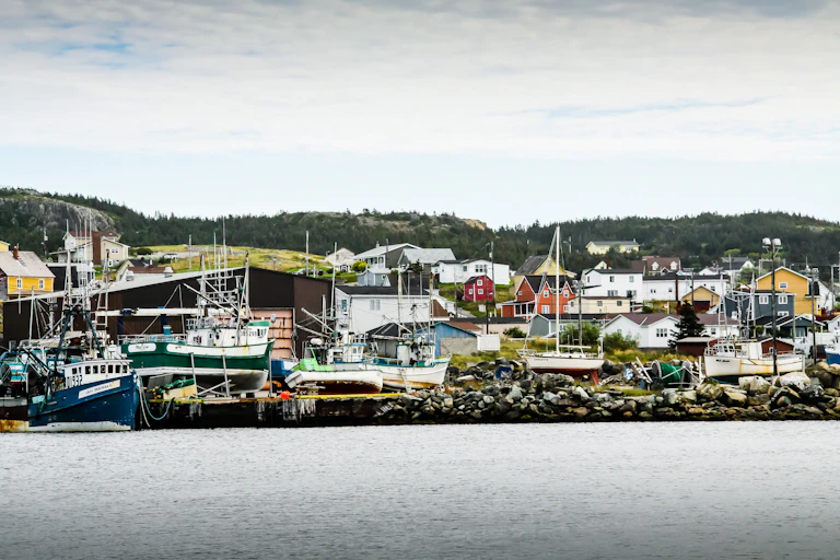 Houses and fishing boats along a coast