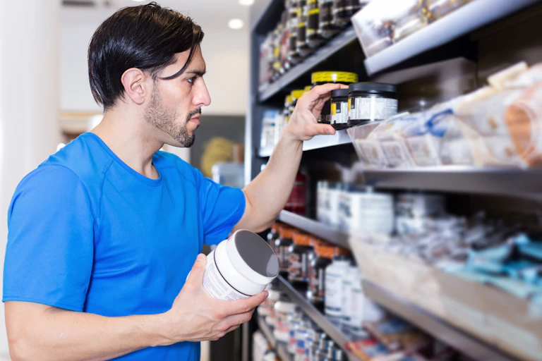 Un hombre selecciona y observa envases de suplementos en el estante de un comercio