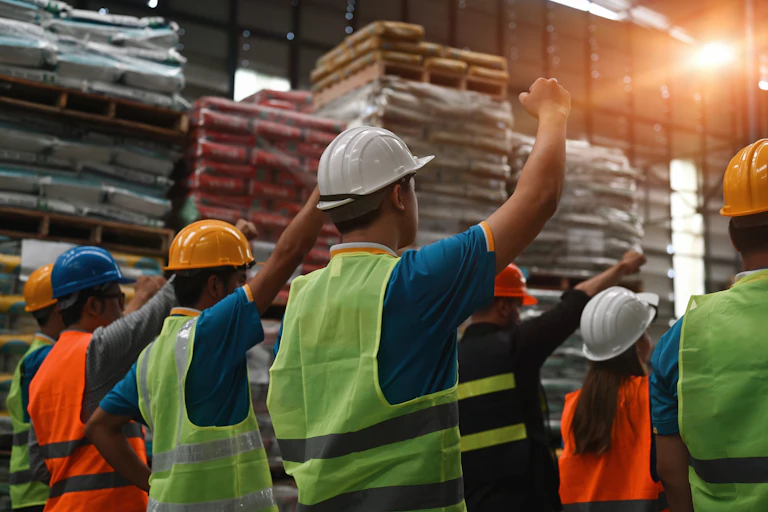 A group of construction workers raise their fists in the air