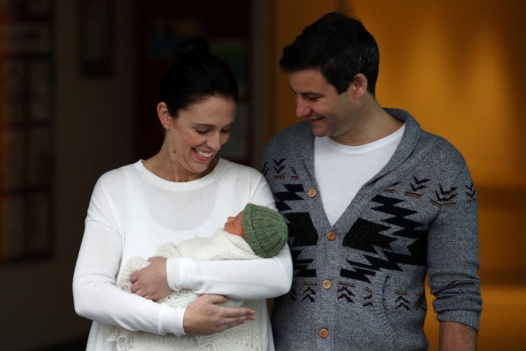 Jacinda Ardern with partner Clarke Gayford and their baby.