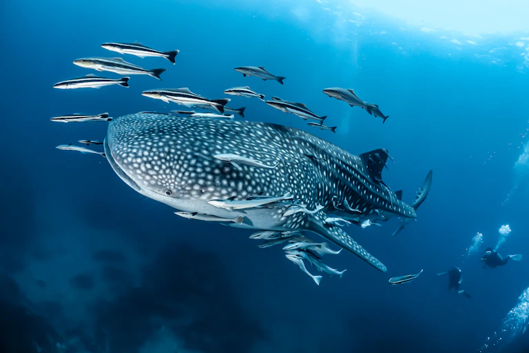 Front view of a huge whale shark with cobias and remoras attached, and scuba divers in the background